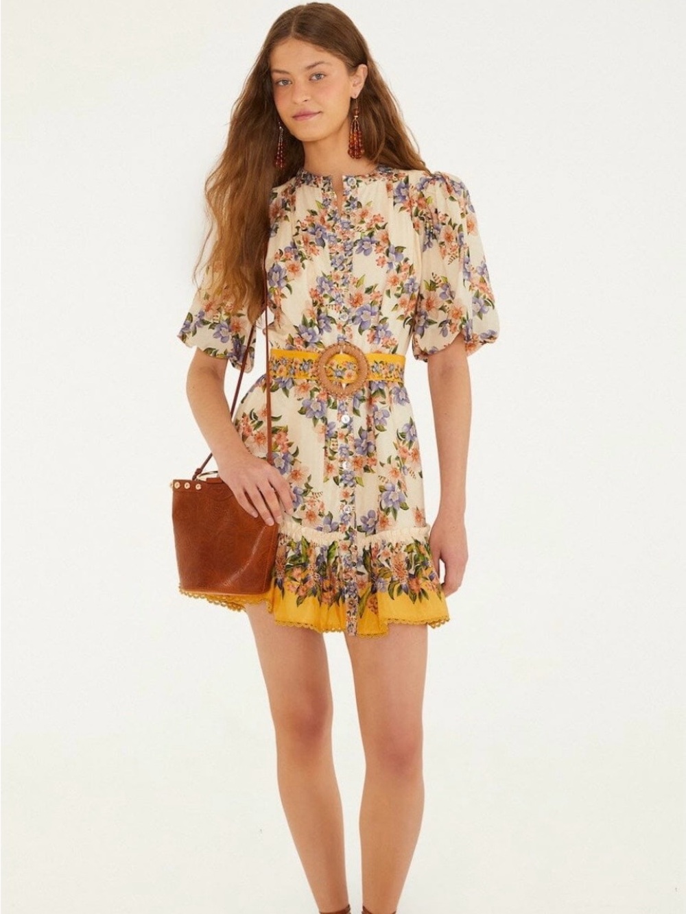 FARM Rio Hilo Stripes Sand Floral Mini Dress M NWT